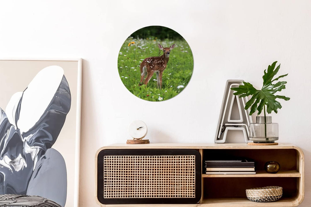 MuchoWow Wandbild Rund Wanddeko Deko Wohnzimmer Bilder 30x30 cm Hirsche - Blumen - Wald, 30x30 cm