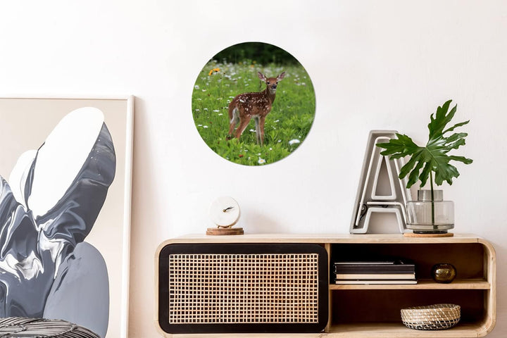 MuchoWow Wandbild Rund Wanddeko Deko Wohnzimmer Bilder 30x30 cm Hirsche - Blumen - Wald, 30x30 cm