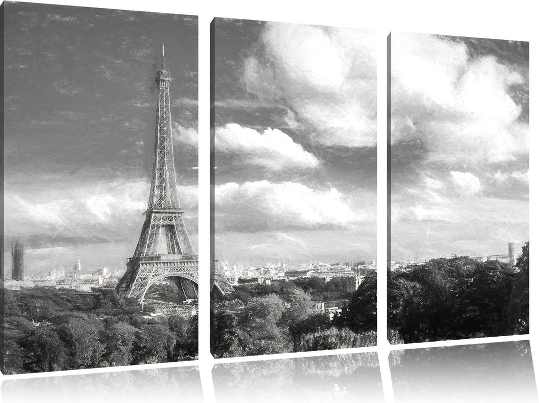 Pixxprint Riesiger Eiffelturm in Paris Kohle Zeichnung Effekt 3-Teiler Leinwandbild 120x80 Bild auf