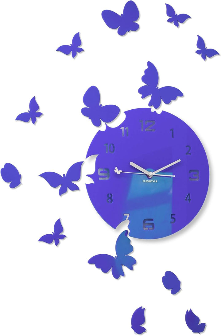 FLEXISTYLE Grosse Moderne Wanduhr Schmetterling rund 30cm, 15 Schmetterlinge, Wohnzimmer, Schlafzimm