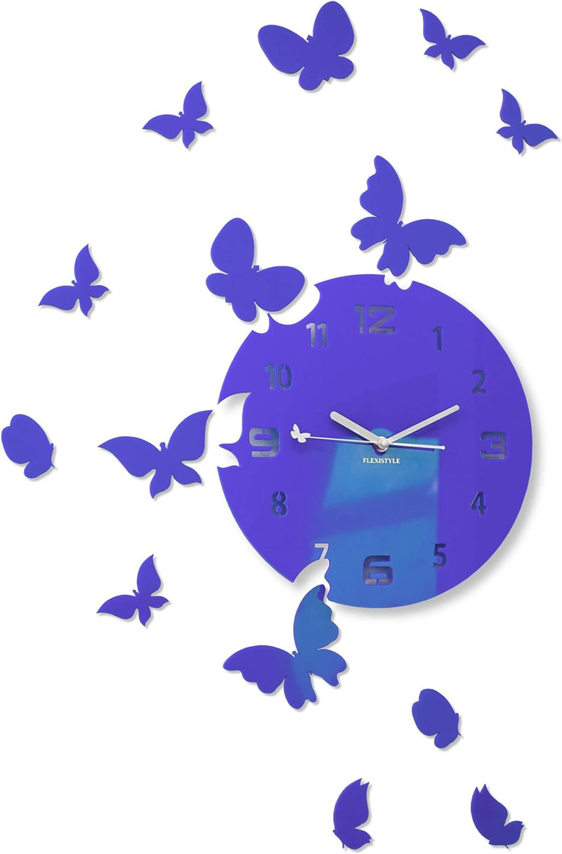 FLEXISTYLE Grosse Moderne Wanduhr Schmetterling rund 30cm, 15 Schmetterlinge, Wohnzimmer, Schlafzimm