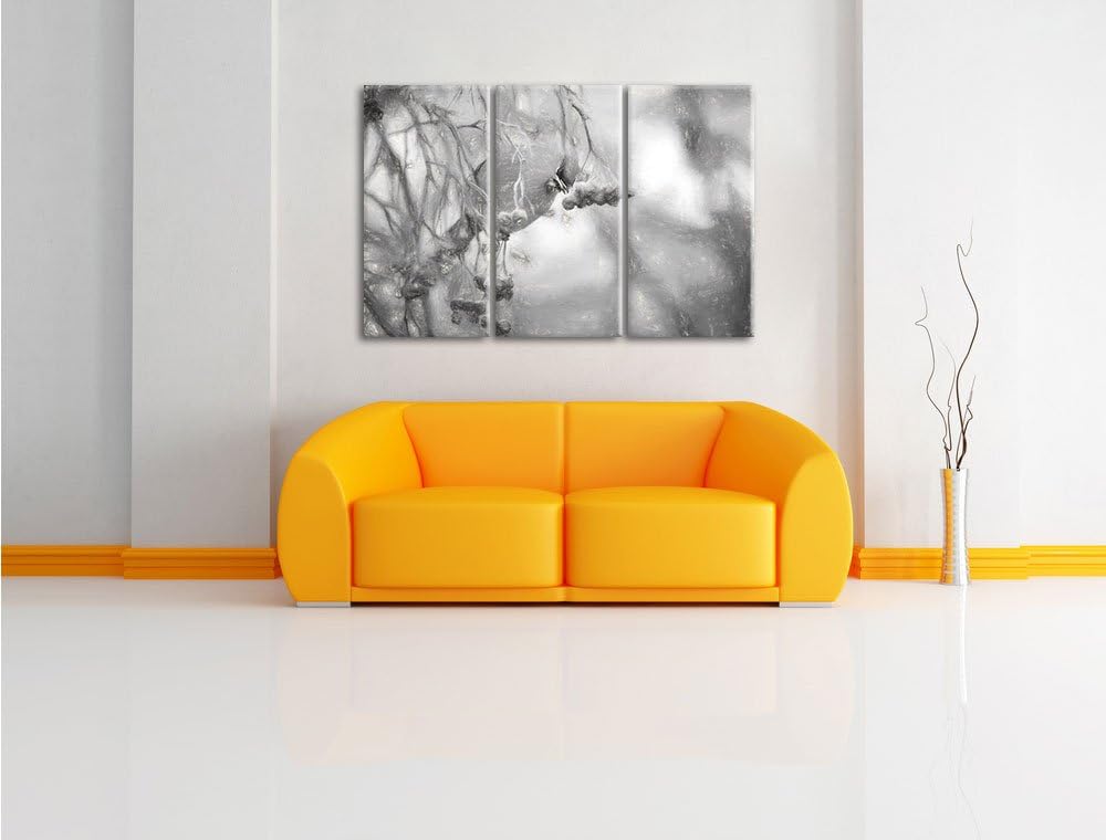 Pixxprint Kleiner Vogel im Vogelbeerbaum Kohle Zeichnung Effekt 3-Teiler Leinwandbild 120x80 Bild au