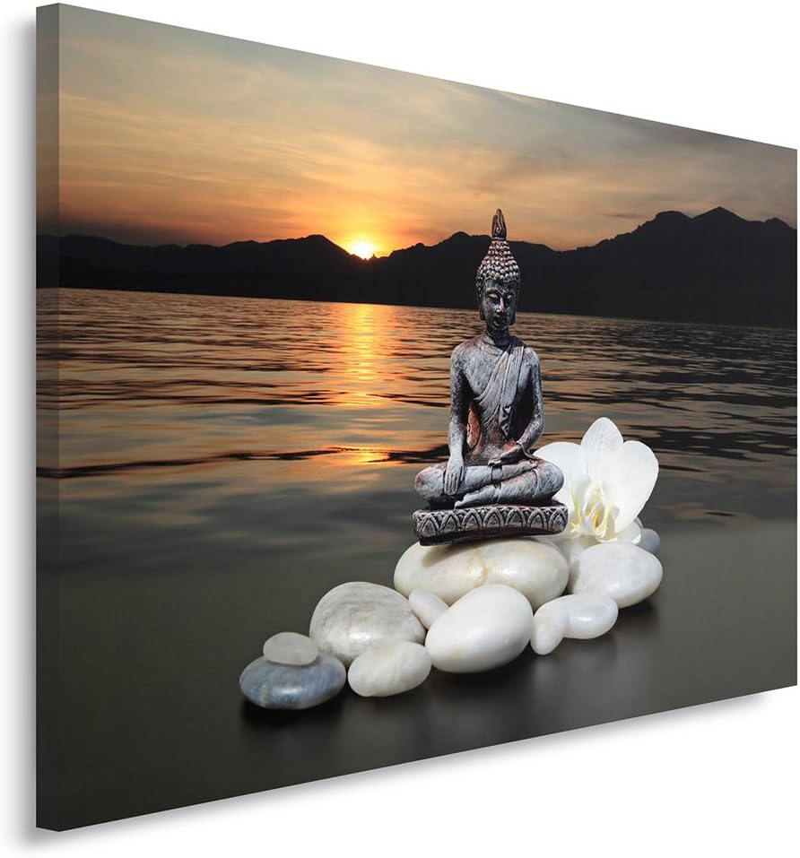 Feeby Bilder Buddha Sonnenuntergang XXL 120x80 cm 1Teilig Modern Wohnzimmer Schlafzimmer Flur Büro V