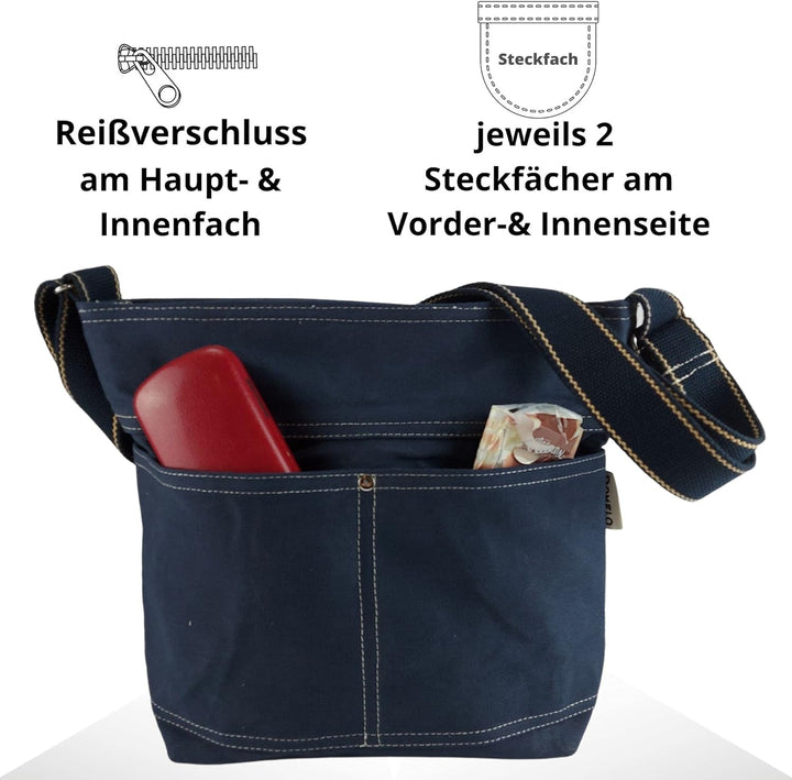 Domelo Damen Vegan Umhängetasche. Die nachhaltige Crossbody Hobo Tasche ist aus 100% Baumwolle/Canva