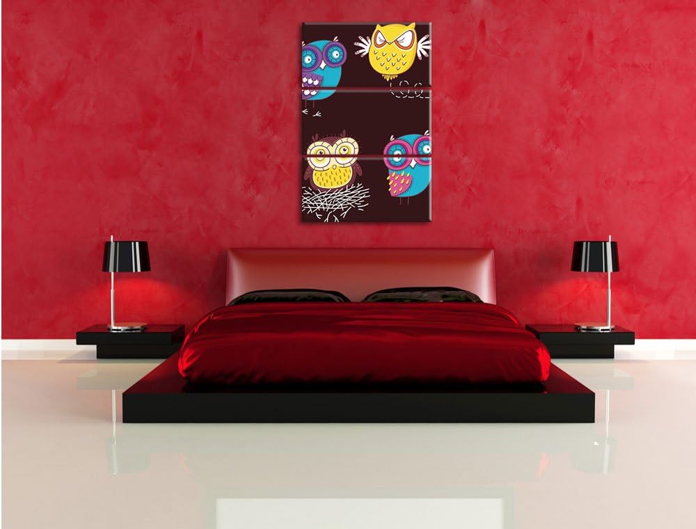 Pixxprint Verrückte Eulen für Kinder als Leinwandbild/Grösse: 3 Teilig (120x80) cm/Wandbild/Kunstdru