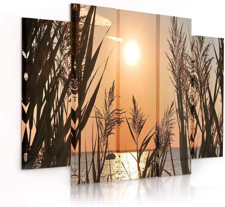 Feeby Frames, Leinwandbild Bilder Wand Bild - 5 Teile - Wandbilder Kunstdruck (SONNENUNTERGANG, GOLD