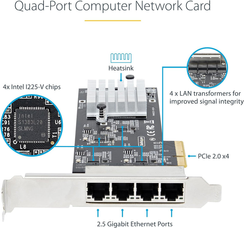 StarTech.com 4-Port 2.5 Gbit PCIe Netzwerkkarte, Intel I225-V, Dual-Port Computer LAN Karte, Multi-G