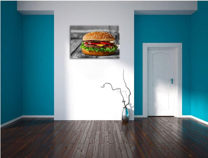 appetitlicher Cheeseburger schwarz/weiss Format: 100x70 auf Leinwand, XXL riesige Bilder fertig gera