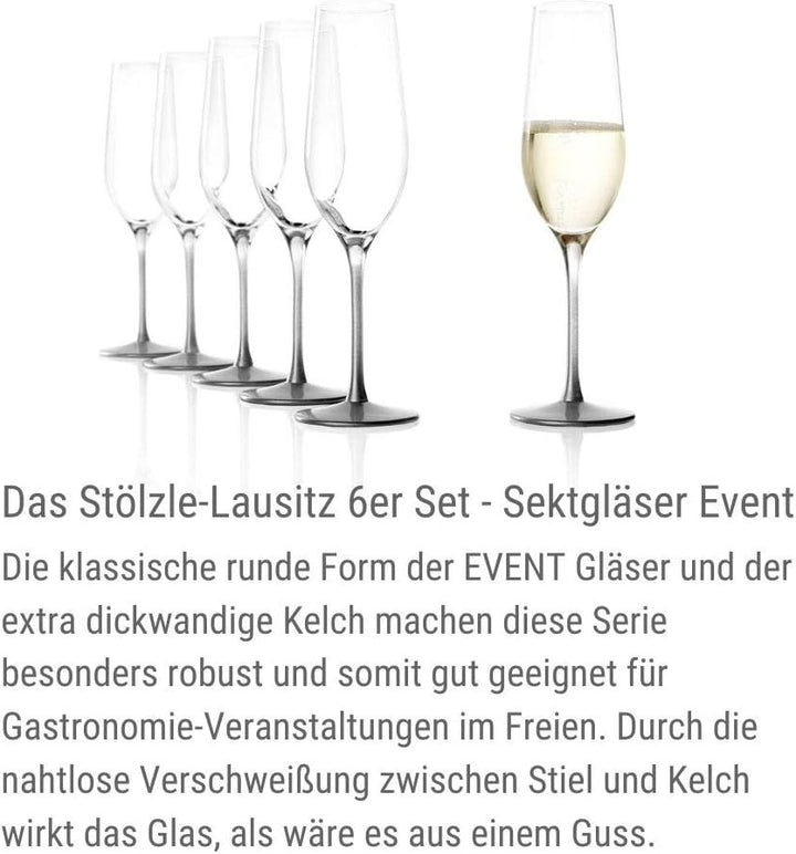 STÖLZLE LAUSITZ Sektgläser Event 195 ml in Silber I Schaumweingläser 6er Set Kristallglas I Sektflöt