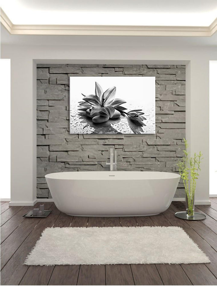 Pixxprint Düstere Lilie mit Zen Steinen als Leinwandbild | Grösse: 100x70 | Wandbild| Kunstdruck | f