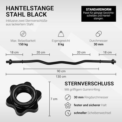 MSPORTS SZ Curlstange Premium, 30mm mit Sternverschluss - STANDARDNORM - Auswahl: 120cm (7kg) o. 130