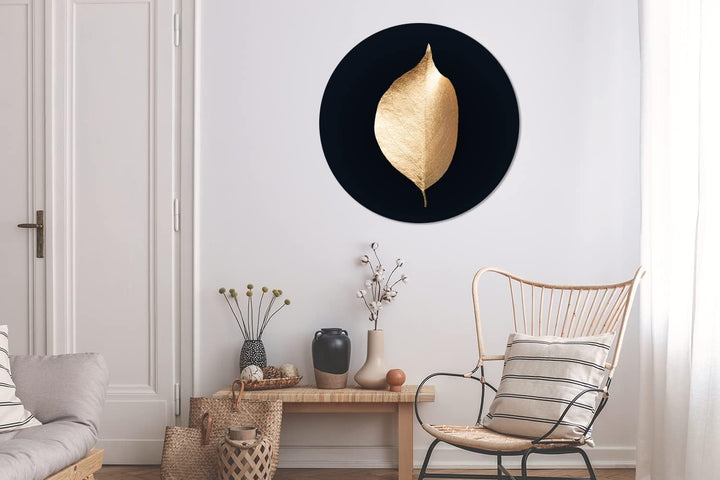MuchoWow Wandbild Rund Wanddeko Deko Wohnzimmer Bilder 90x90 cm Blätter - Gold - Schwarz - Pflanzen