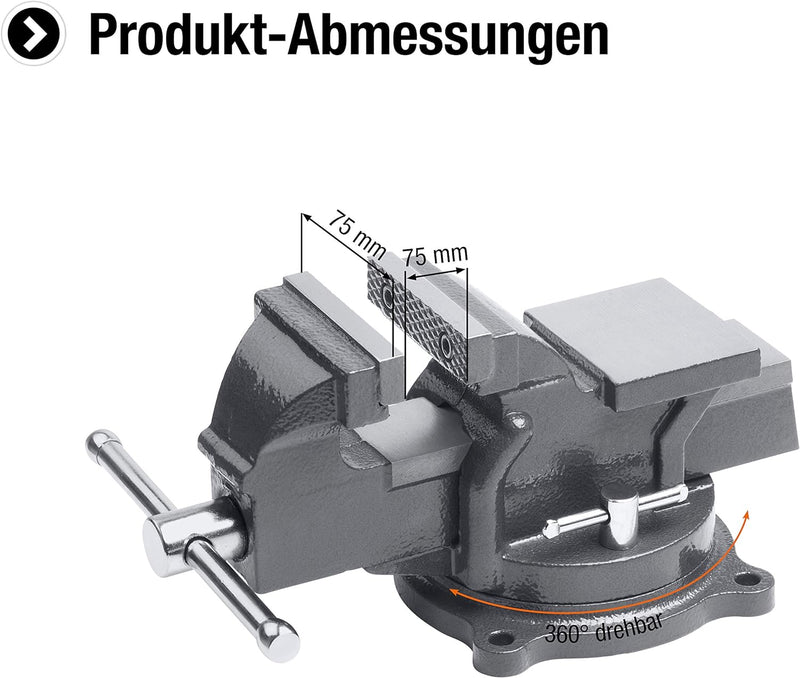 Meister Schraubstock - Drehbar - 75 mm Spannweite - Hochwertige Stahlbacken - Sicheres Fixieren von