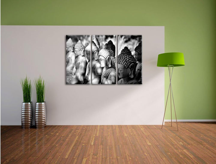 Pixxprint Buddha-Statuen in Einer Reihe / 3-Teilig/Gesamtmass 120cm Leinwandbild bespannt auf Holzra