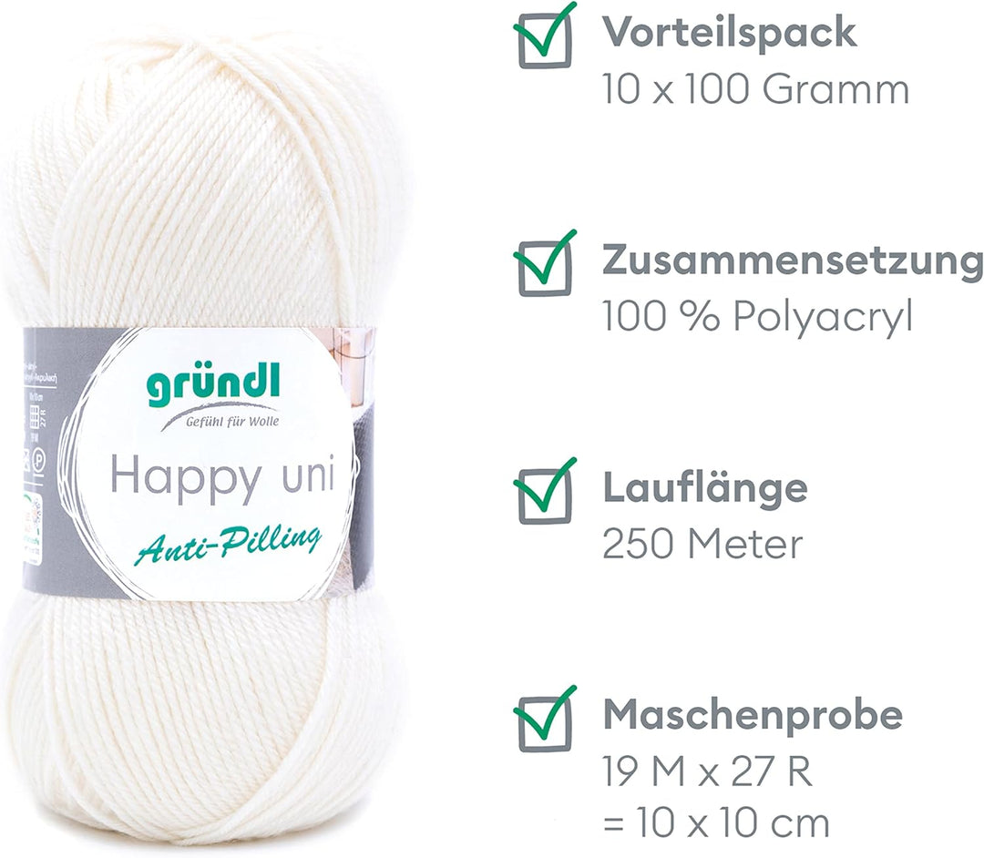 Gründl Happy uni (Strick- und Häkelgarn mit wollartigem Charakter aus 100 % Polyacryl, Anti-Pilling,