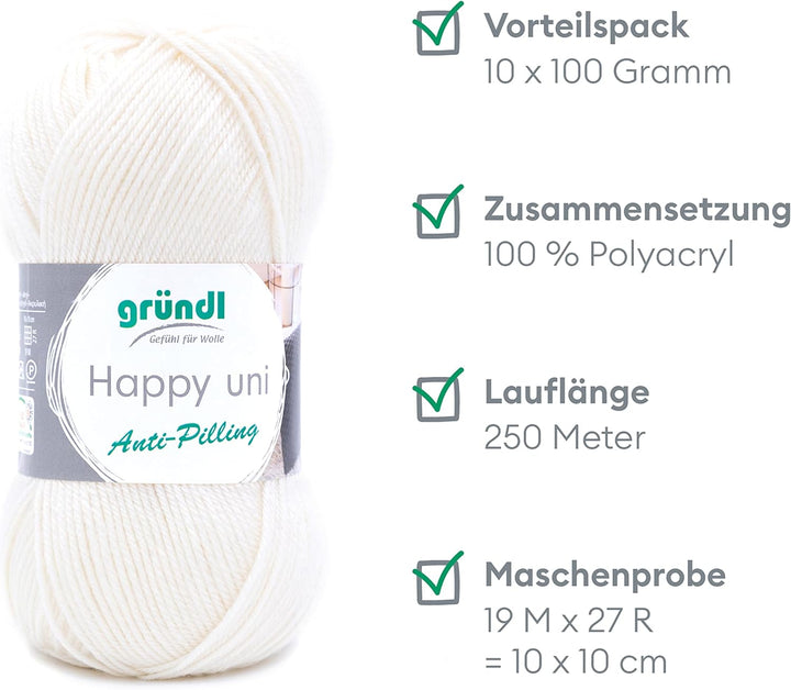 Gründl Happy uni (Strick- und Häkelgarn mit wollartigem Charakter aus 100 % Polyacryl, Anti-Pilling,