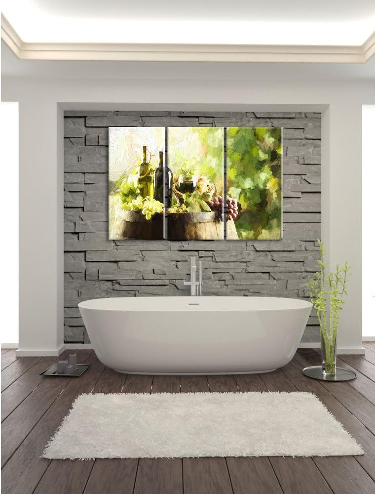 Pixxprint Wein mit Weintrauben auf Fass / 3-Teilig/Gesamtmass 120cm Leinwandbild bespannt auf Holzra