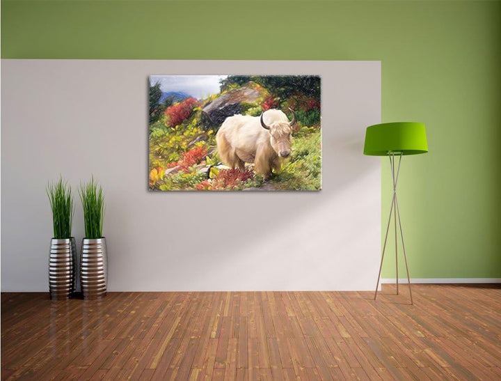 Pixxprint Schönes Yak Himalaya Kunst Buntstift Effekt, Format: 100x70 auf Leinwand, riesige Bilder f