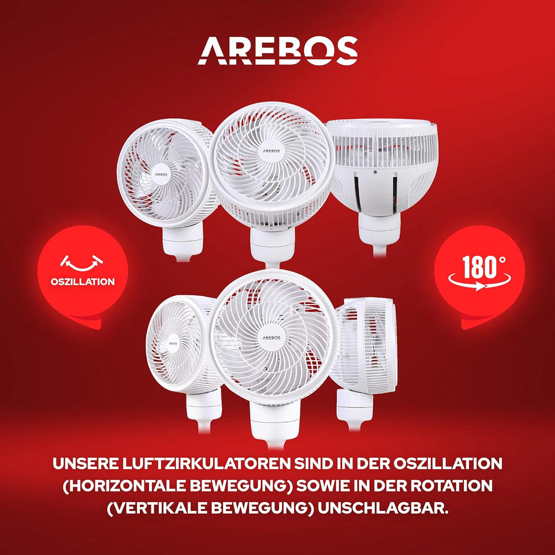 Arebos Ventilator 55W | 3D Oszillation | Ø 23cm | besonders Leise | höhenverstellbar, mit 4 Leistung