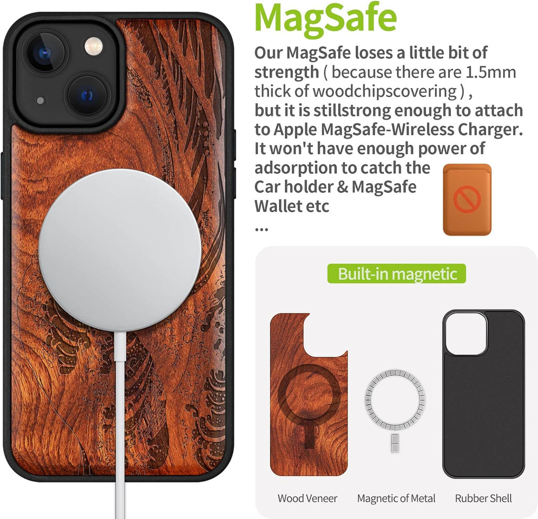 Carveit Handyhülle für iPhone 14 Cover Kompatibel mit Magsafe [Holz und TPU Silikon Hybrid hülle] Ma