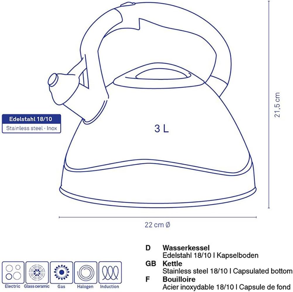 Kela 11656 Wasserkessel mit Pfeifton, Induktionsgeeignet, 3 L, Edelstahl, Varus, Schwarz Schwarz Sin