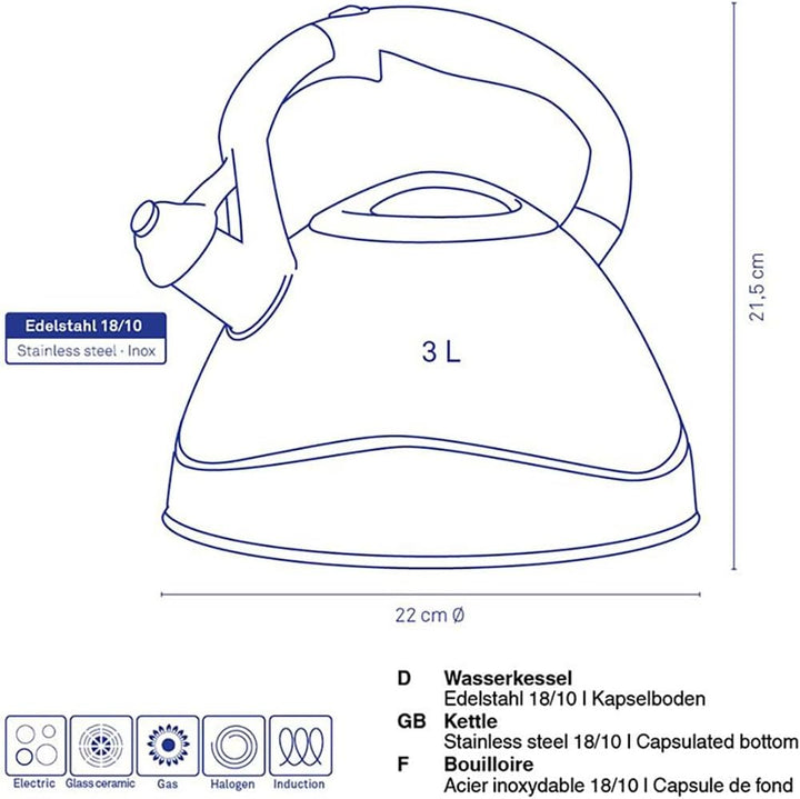 Kela 11656 Wasserkessel mit Pfeifton, Induktionsgeeignet, 3 L, Edelstahl, Varus, Schwarz Schwarz Sin