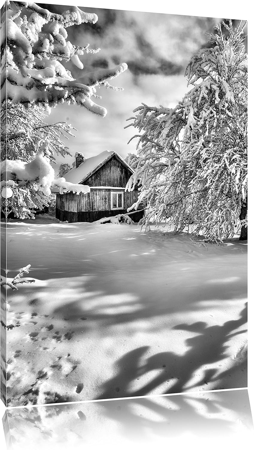 Pixxprint Monocrome, Winterlandschaft mit Hütte, Format: 100x70 auf Leinwand, 100x70