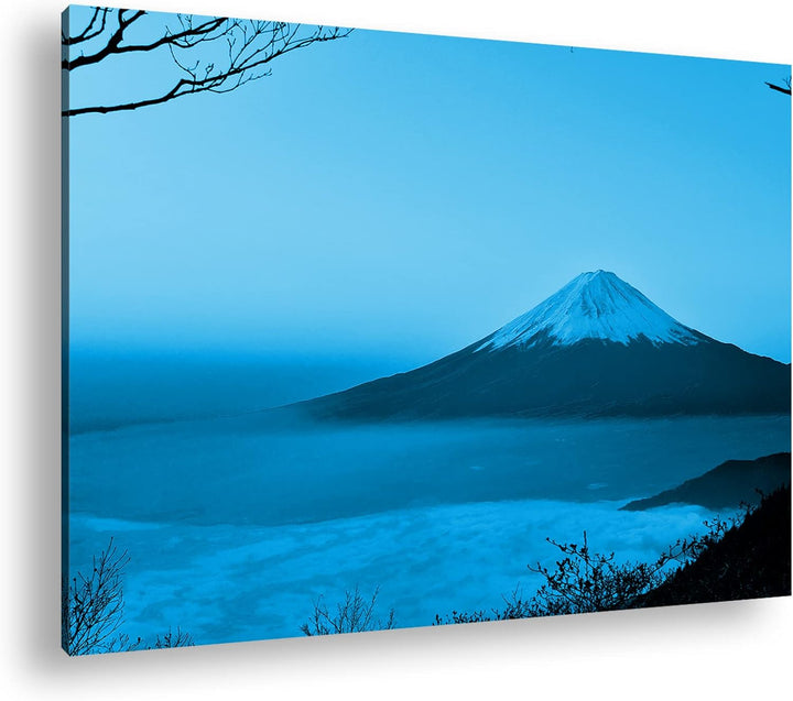 deyoli Fuji Vulkan in Japan Format 80x60 Effekt: Monocrome Blau als Leinwandbild, Motiv fertig gerah