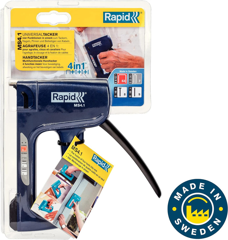 Rapid Handtacker MS4.1, Tacker für Holz und Stoffe, 4in1, für Klammern, Kabelklammern, Nägel und Sti
