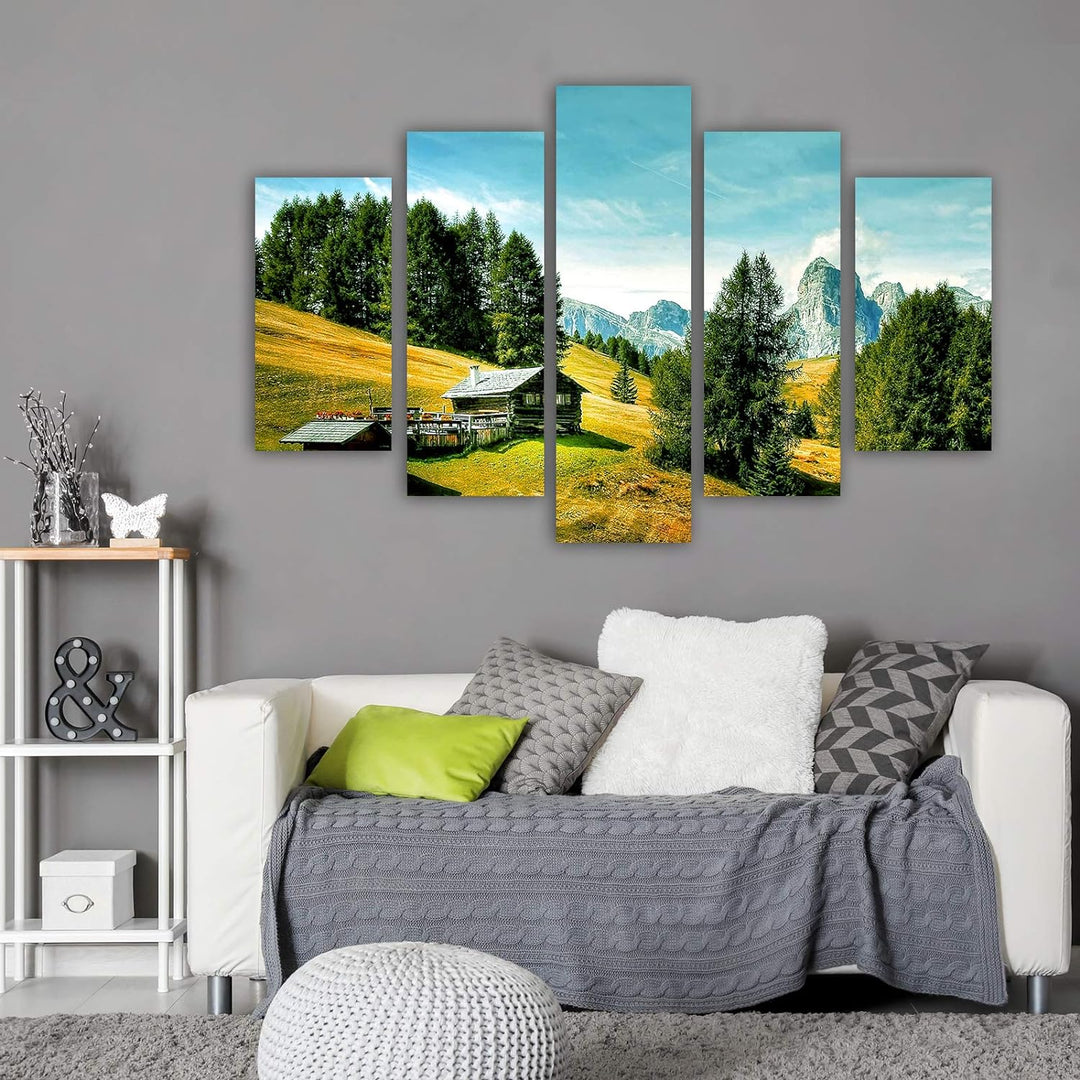 Feeby Wandbild Berge 100x70 cm - Deco Panel - 5 Teilig - Kunstdruck Hütte Bäume grün Deco panel 100x