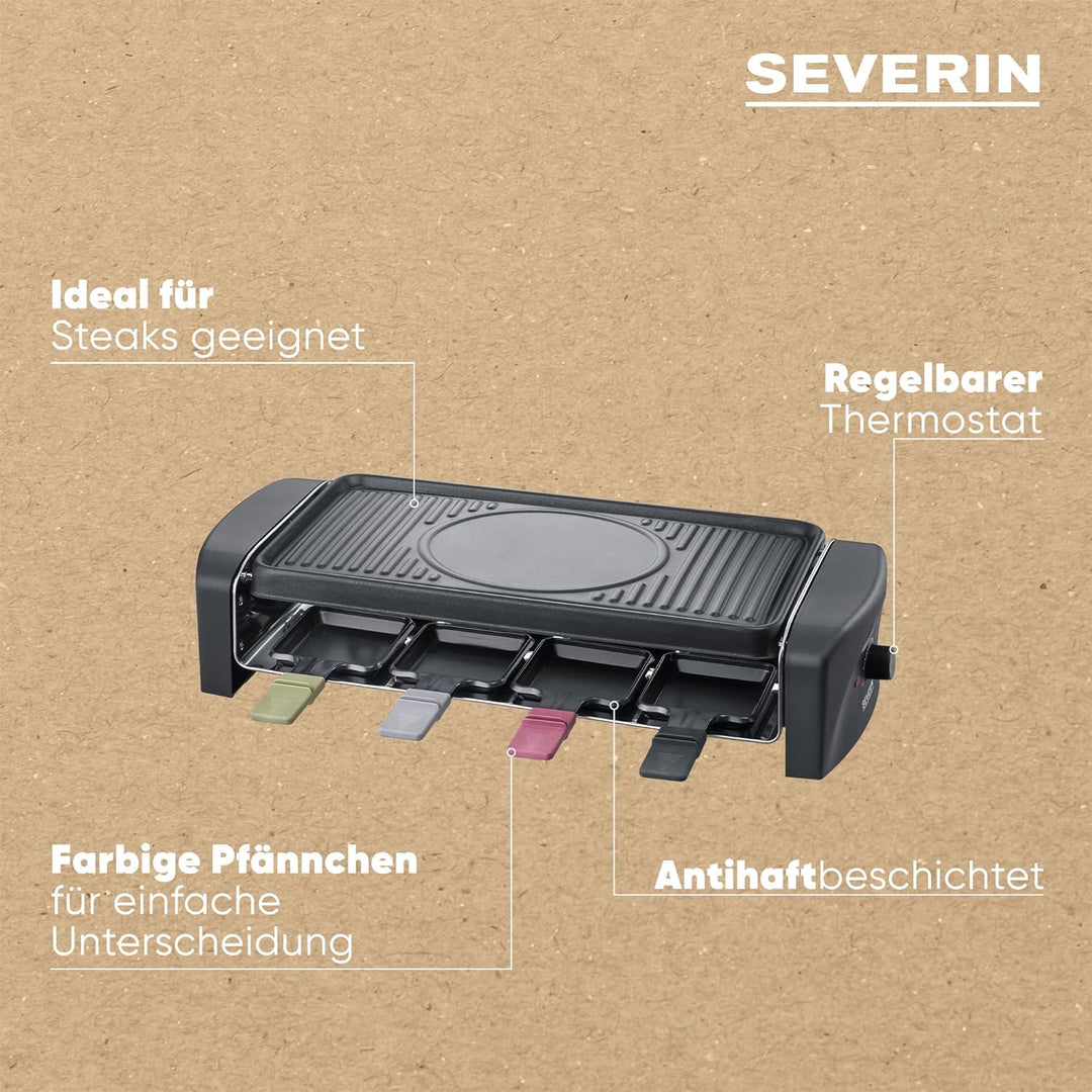 SEVERIN Raclette-Grill, Raclette mit grosser antihaftbeschichteter Grillplatte und 8 Raclette Pfännc