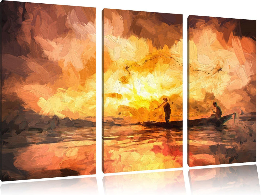 Pixxprint Fischer am fischen mit Wurfnetz als Leinwandbild/Grösse: 3 Teilig (120x80) cm/Wandbild/Kun