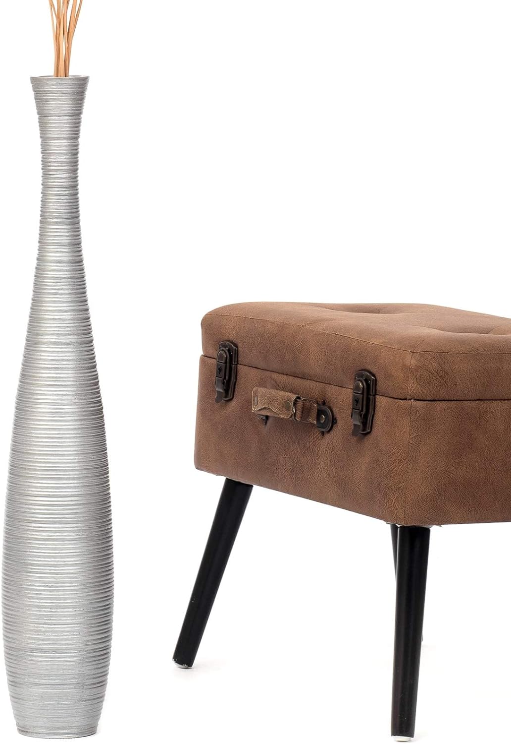 Leewadee Grosse Bodenvase für Dekozweige hohe Standvase Design Holzvase, Holz, 70 cm, Silber 70 cm S