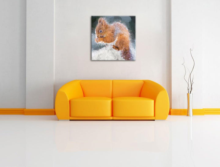 Pixxprint Kleines Eichhörnchen im Winter als Leinwandbild Quadratisch/Grösse: 70x70 / Wandbild/Kunst