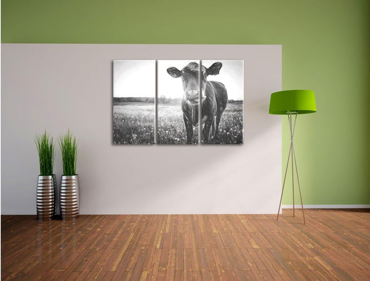 Pixxprint Einzelne Kuh auf Butterblumenwiese in der Abendsonne Kunst Kohle Effekt 3-Teiler Leinwandb