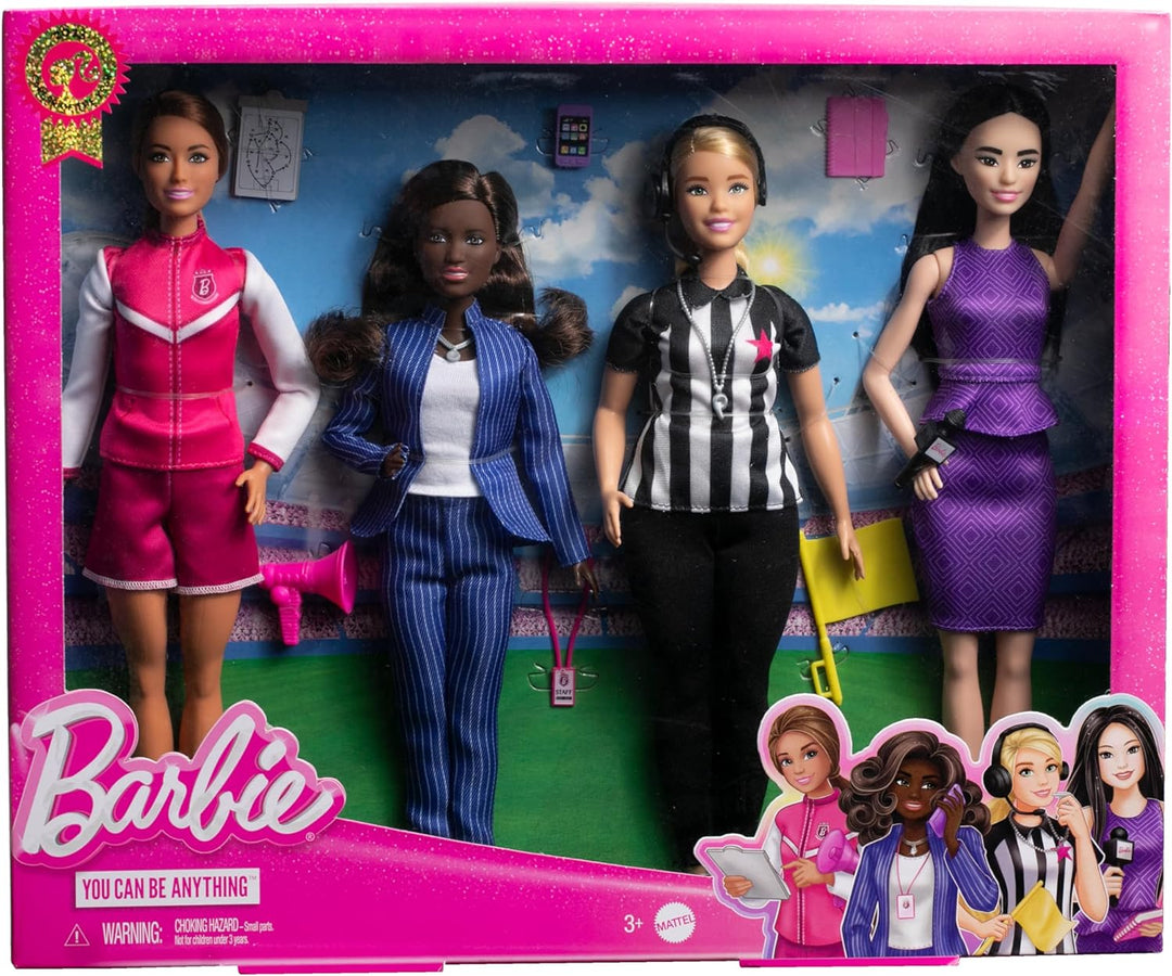 BARBIE Sportwelt - 4 einzigartige Puppen mit Managerin, Trainerin, Schiedsrichterin und Sportreporte