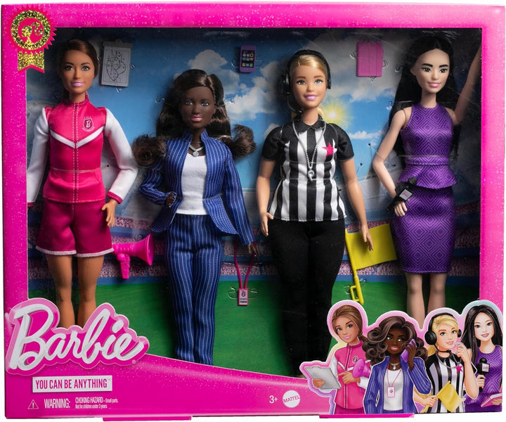BARBIE Sportwelt - 4 einzigartige Puppen mit Managerin, Trainerin, Schiedsrichterin und Sportreporte