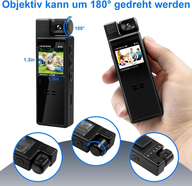 cyi Tragbare überwachungskamera Innen, Mini Kamera Bodycam HD 1080P, Kleine Kamera Ohne WLAN, Sicher