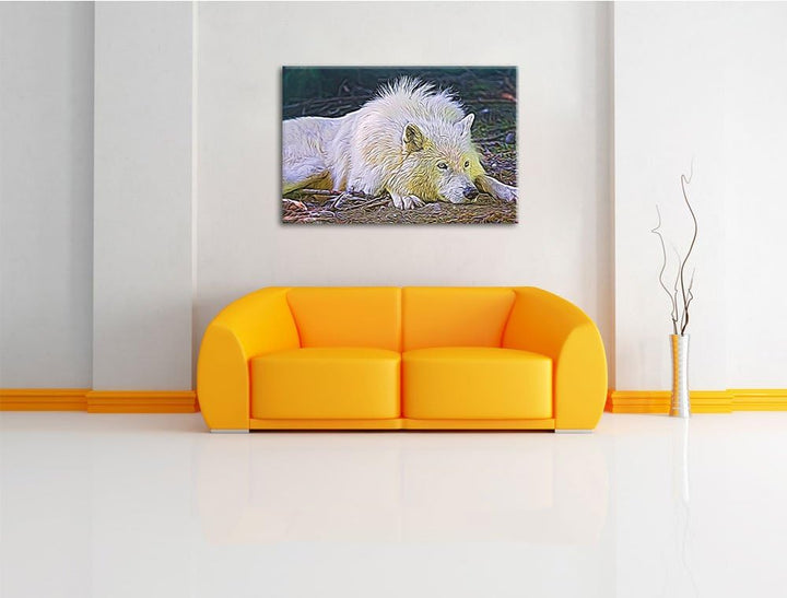 ruhender Polarwolf Deluxe Format: 100x70 cm auf Leinwand, XXL riesige Bilder fertig gerahmt mit Keil