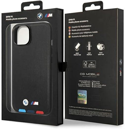 Etui BMW BMHMP14S22PTDK Hülle für iPhone 14 6,1" schwarz/Black Leather Stamp Tricolor