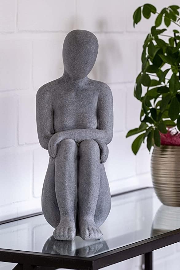 IDYL Moderne Skulptur Figur Sandsteinguss Denkende Frau | wetterfest | grau | 20x16x42 cm | Dekorati