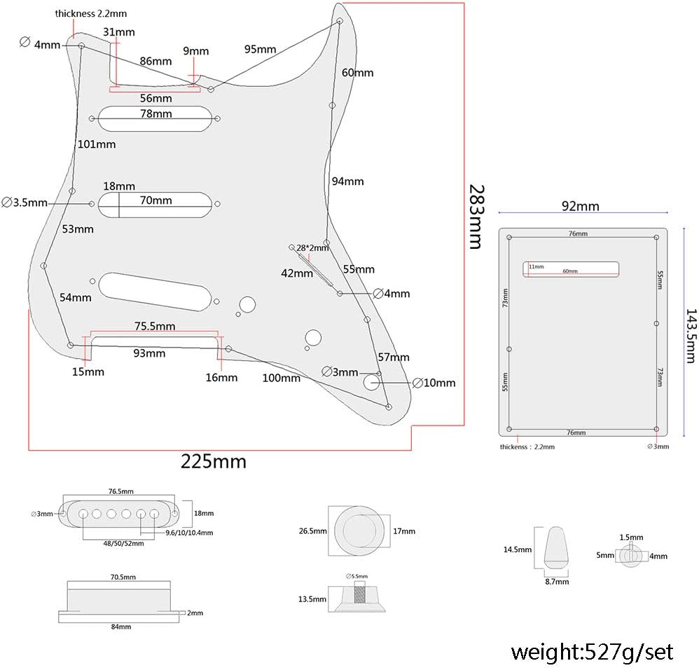Alnicov 11 Holes Guitar Single Coil Pickups Vorverdrahtetes SSS Pickguard Scratch Plate Set mit rück