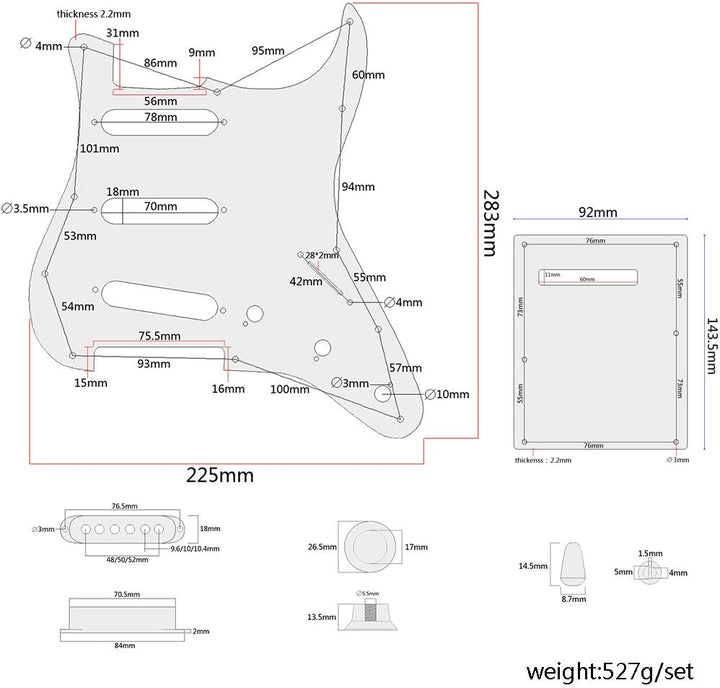 Alnicov 11 Holes Guitar Single Coil Pickups Vorverdrahtetes SSS Pickguard Scratch Plate Set mit rück