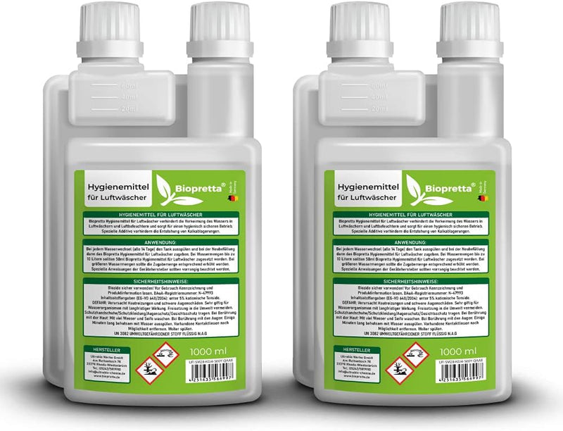Biopretta Hygienemittel für Luftwäscher Set 2 x 1000 ml mit Dosierhilfe, Luftbefeuchter, Zimmerbrunn