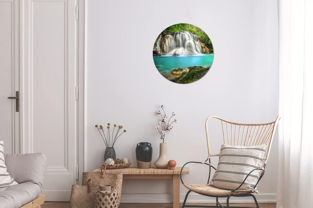 MuchoWow Wandbild Rund Wanddeko Deko Wohnzimmer Bilder 30x30 cm Wald - Wasserfall - Natur, 30x30 cm