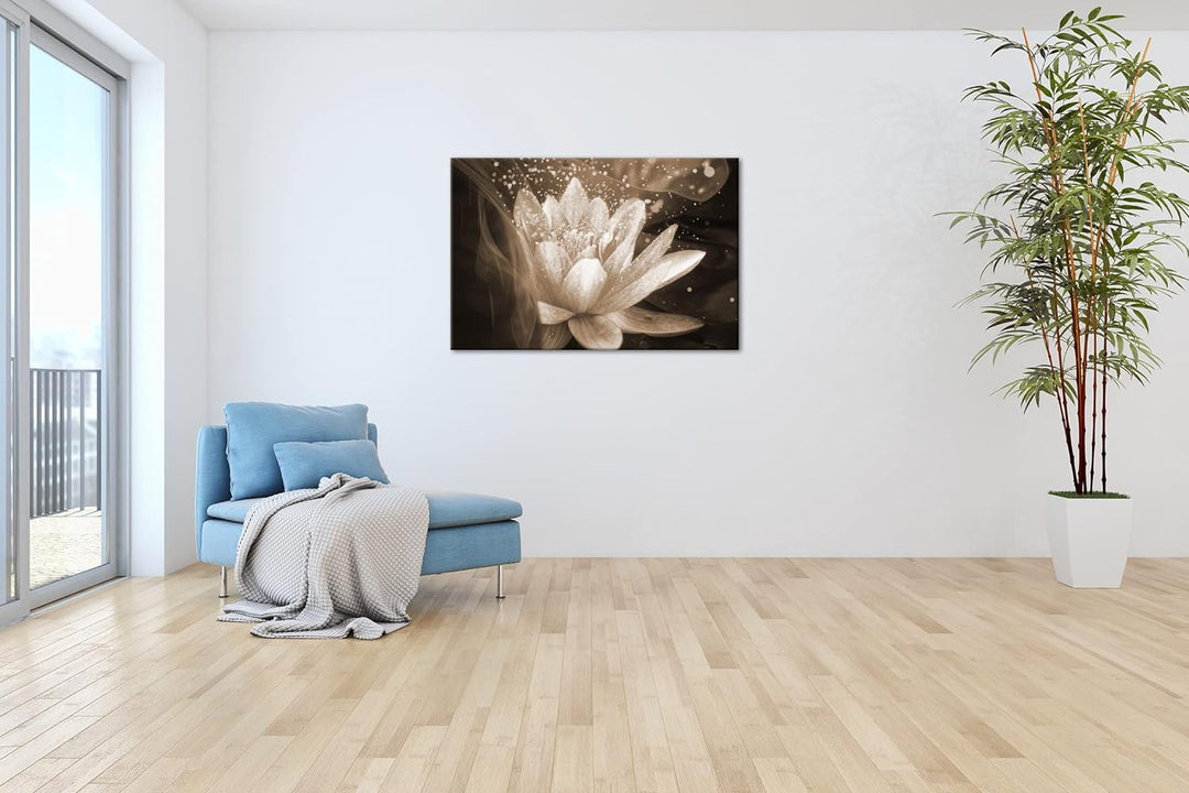 Lotus Seerose Format: 80x60 Effekt: Sepia als Leinwandbild, Motiv fertig gerahmt auf Echtholzrahmen,
