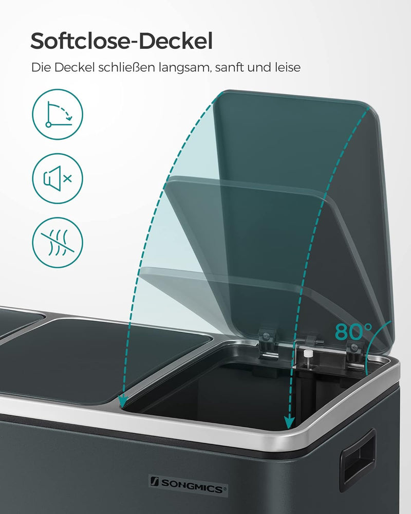 SONGMICS Mülleimer für die Mülltrennung mit 3 Säcken, 3 x 18 Liter, Mülleimer mit 3 Fächern, Deckel