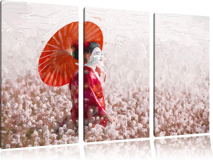 Pixxprint Geisha auf dem Feld Kunst als Leinwandbild/Grösse: 3 Teilig (120x80) cm/Wandbild/Kunstdruc