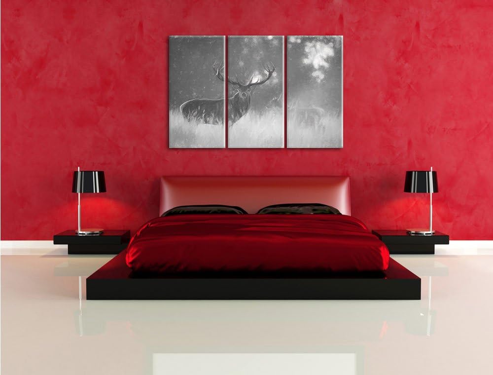 Pixxprint Rotwild im goldenen Morgenlicht Kunst Kohle Effekt 3-Teiler Leinwandbild 120x80 Bild auf L