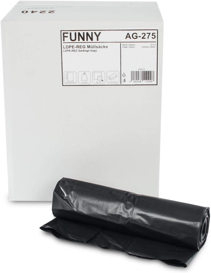 Funny LDPE-Regenerat Müllsäcke, schwarz, gerollt, 240 l, Typ 100, 1er Pack (1 x 75 Stück) Single, Si